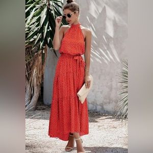 Women’s red halter low back casual red polka dot dress with belt